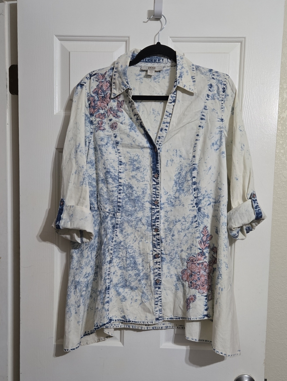 Light Blue Tie-Dye Embroidered Button-Up Women’s Top